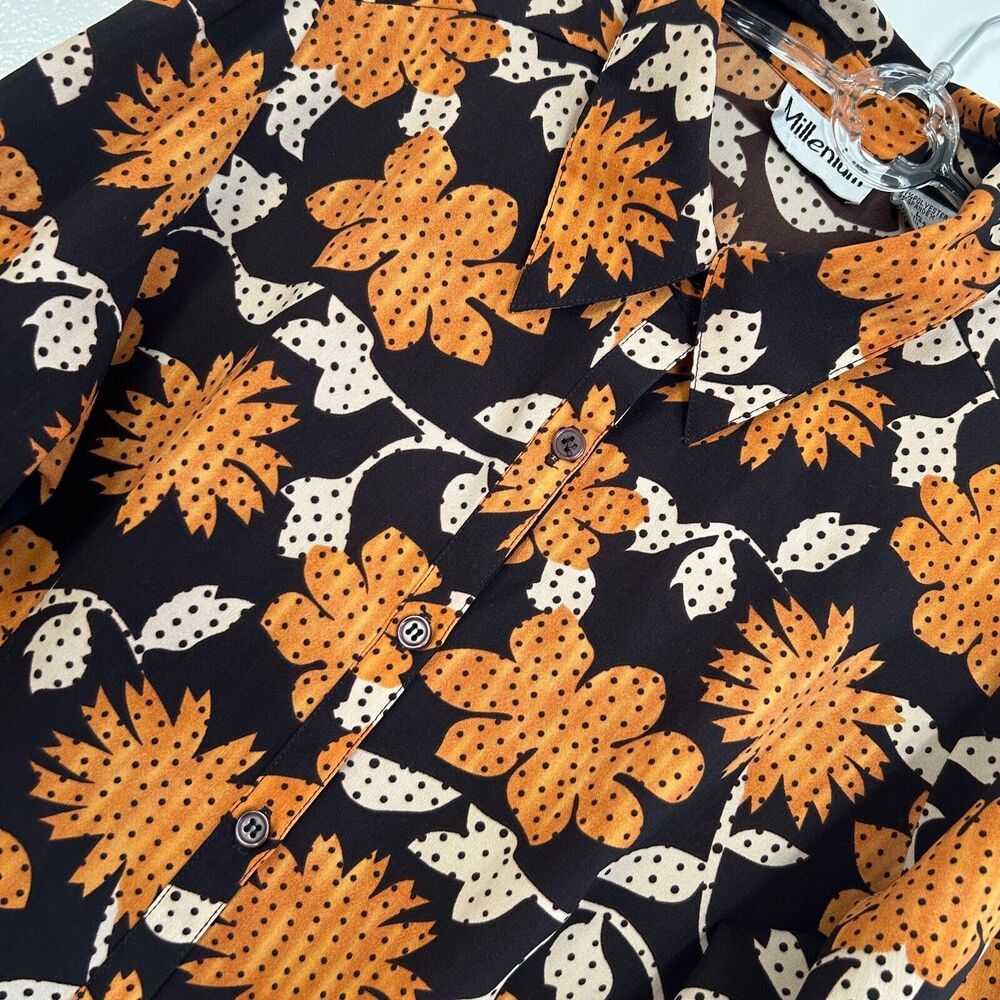 Vintage Mod Flower Blouse Women's Large Orange Brown Retro Daisey By Millenium - Picture 4 of 8